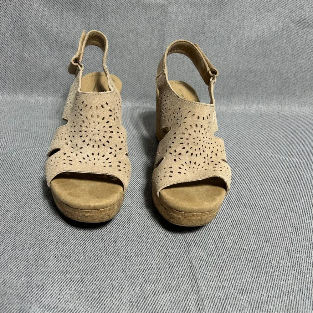 Clarks Women Suede Perforated Wedge Sandals Size 9 Tan Cork Slingback